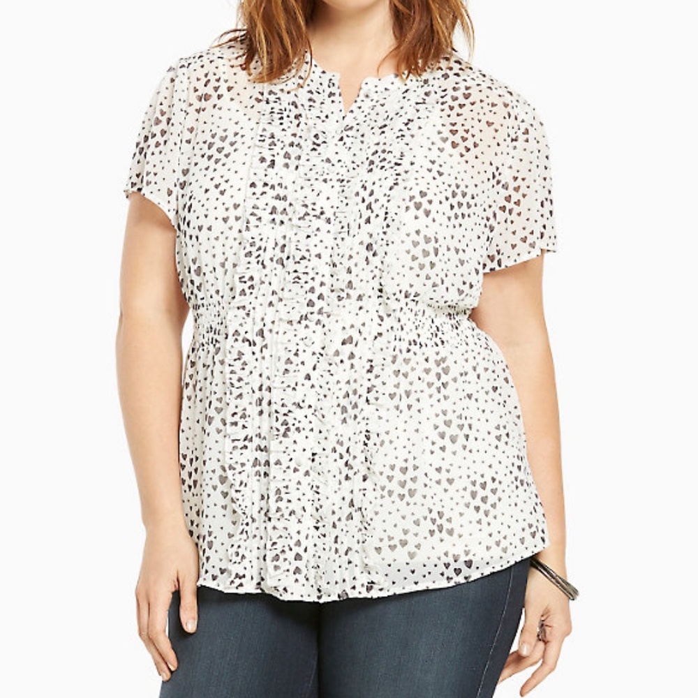 Torrid white blouse with black heart design